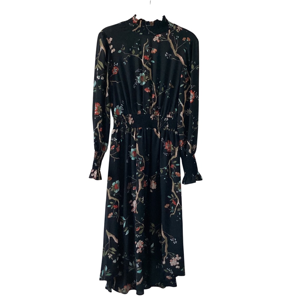 Nanette Lepore Black Floral Smocked Mock Neck Midi Dress  4 Long Sleeve High Low
